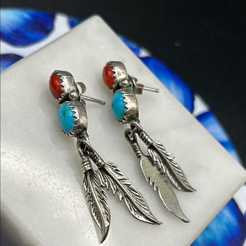 925 Sterling Silver Coral Turquoise Drop Earrings #379
